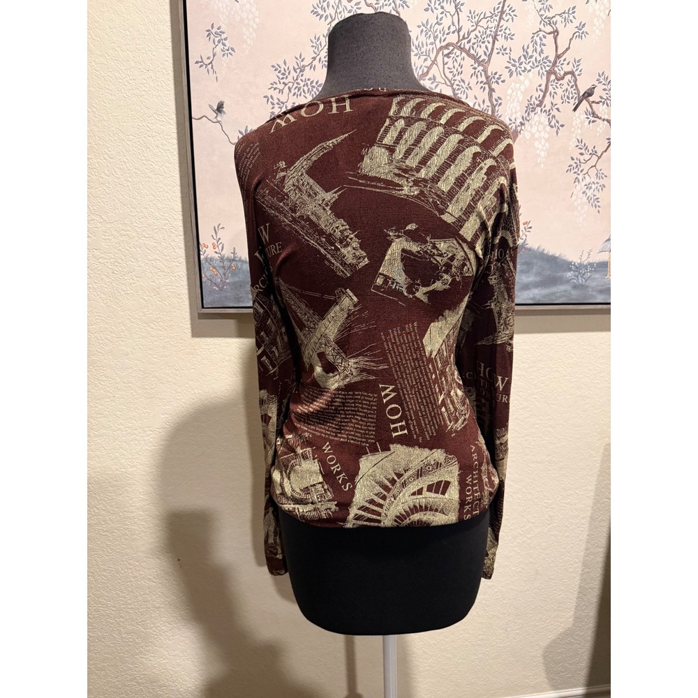 Vintage Superline USA Architecture Print Long Sleeve Top Brown Graphic Tee XL